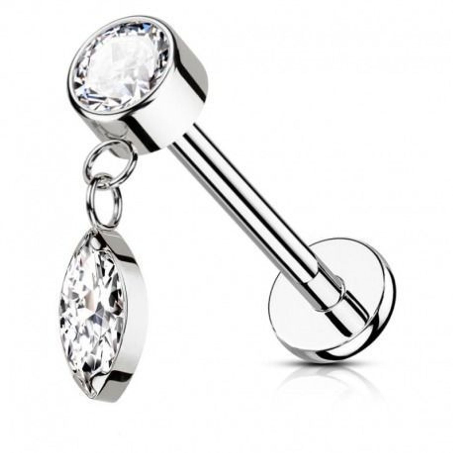 Tytanowy labret srebrny z wiszącą kryształową łezką – kolczyk do ucha z tytanu.jpg